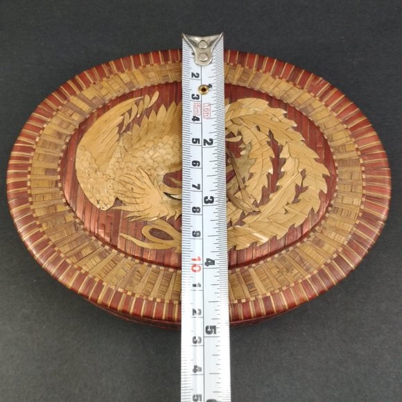 Marquetry Phoenix Dragon Oval Trinket Jewelry Box Bamboo Veneer Overlay 6.25 - Picture 5 of 9